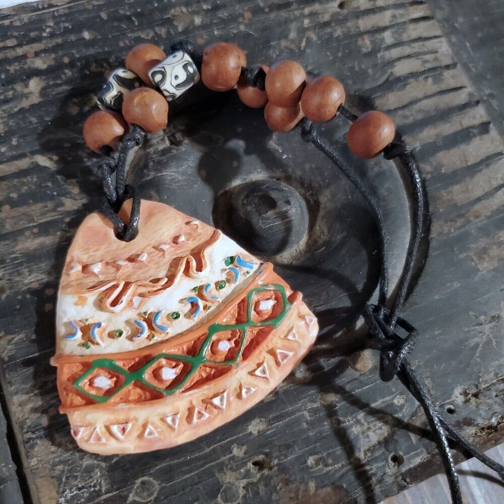 Artisan Rounded Triangle Unglazed Muted Peach Cord Multi OOAK Pendant Necklace